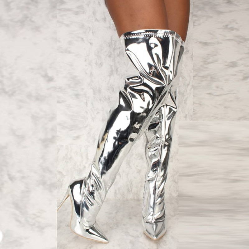 Women Boots Silver Pointy Toe High Thin Heels