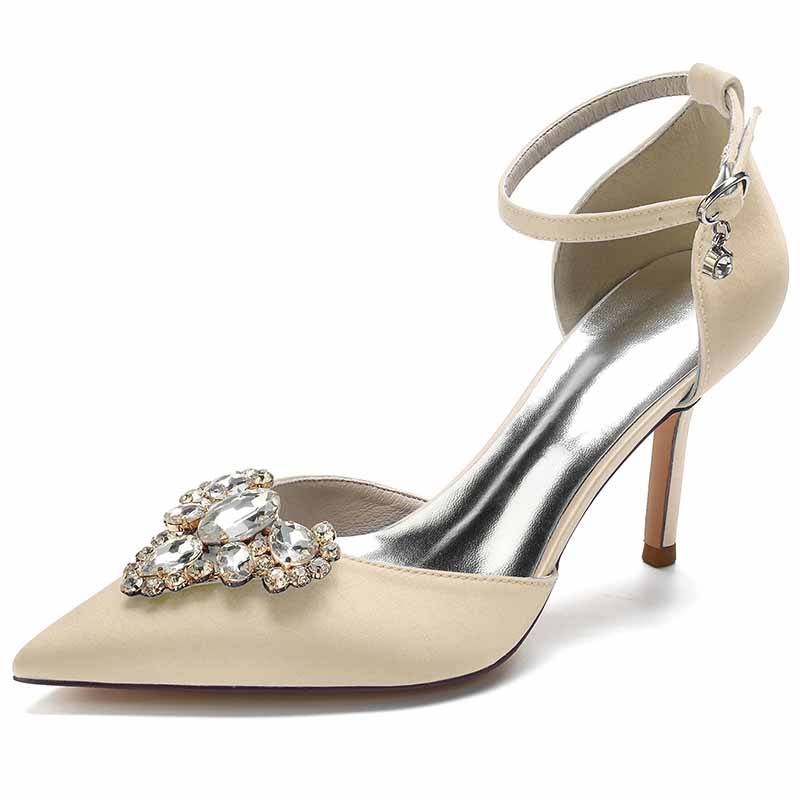 Rhinestone Ankle Strap Heeled Sandals Satin Pointy Toe Stilettos