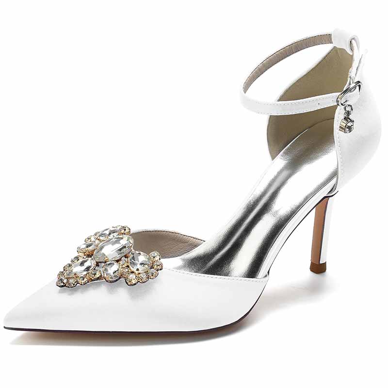 Rhinestone Ankle Strap Heeled Sandals Satin Pointy Toe Stilettos