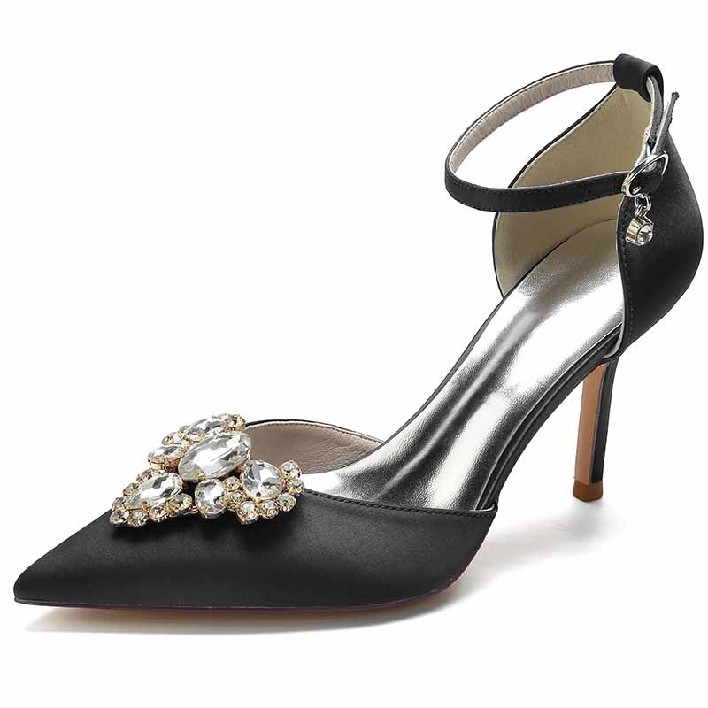 Rhinestone Ankle Strap Heeled Sandals Satin Pointy Toe Stilettos