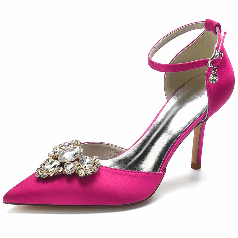 Rhinestone Ankle Strap Heeled Sandals Satin Pointy Toe Stilettos